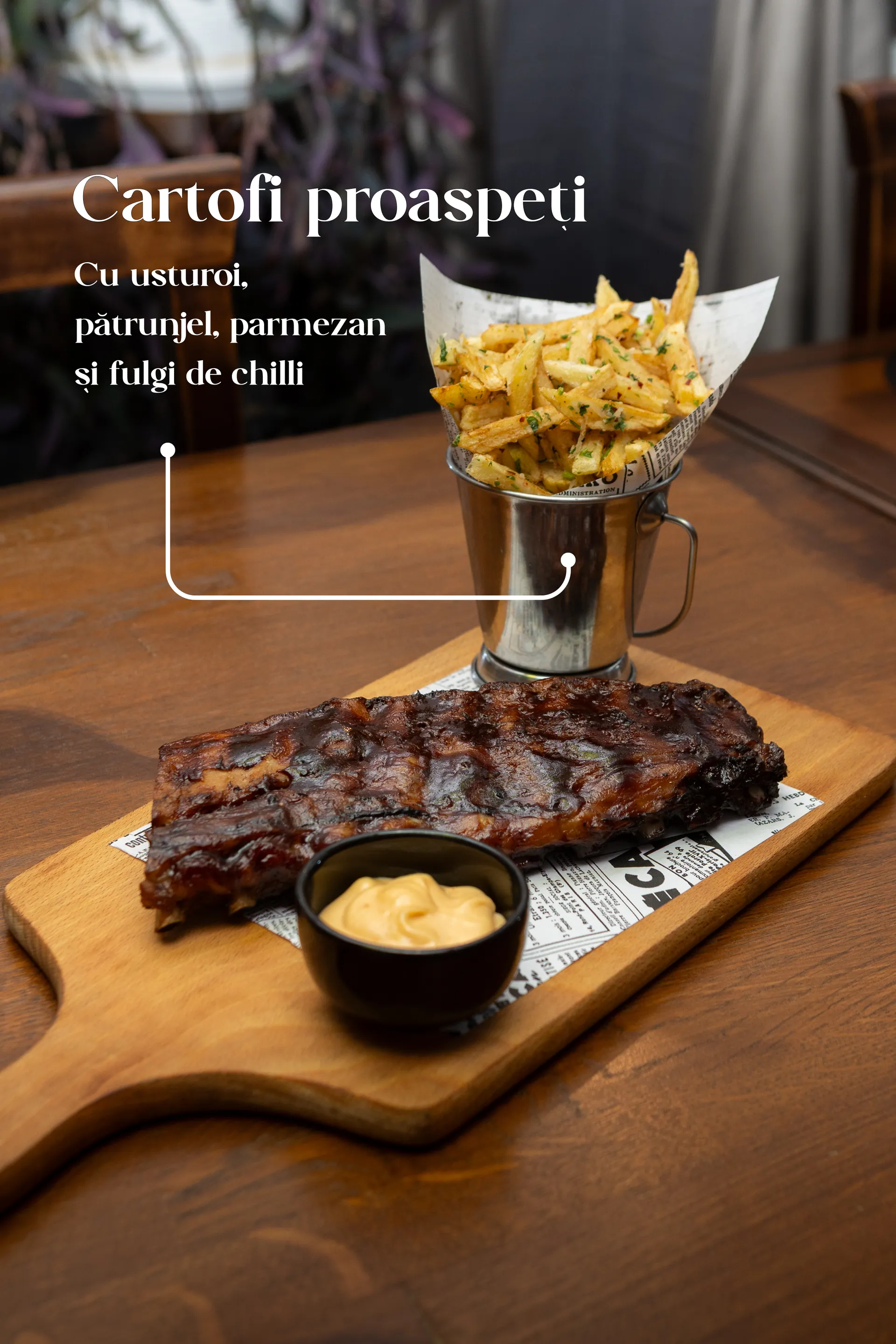 Card de meniu — cartofi proaspeți cu usturoi și parmezan — E45 Restobar