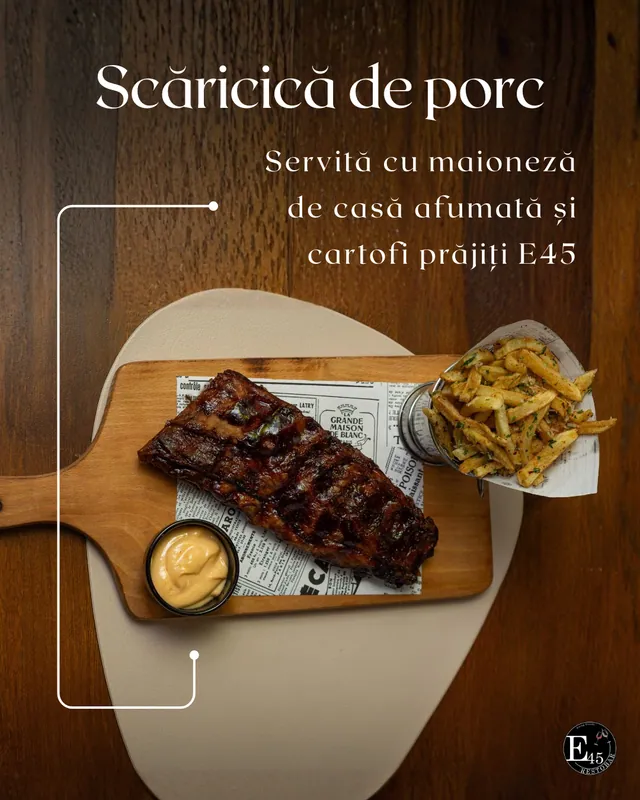 Card de meniu — scăricică de porc cu maioneză de casă — E45 Restobar