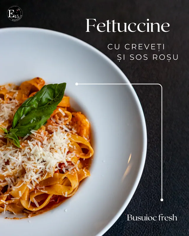 Card de meniu — fettuccine cu creveți și sos roșu — E45 Restobar