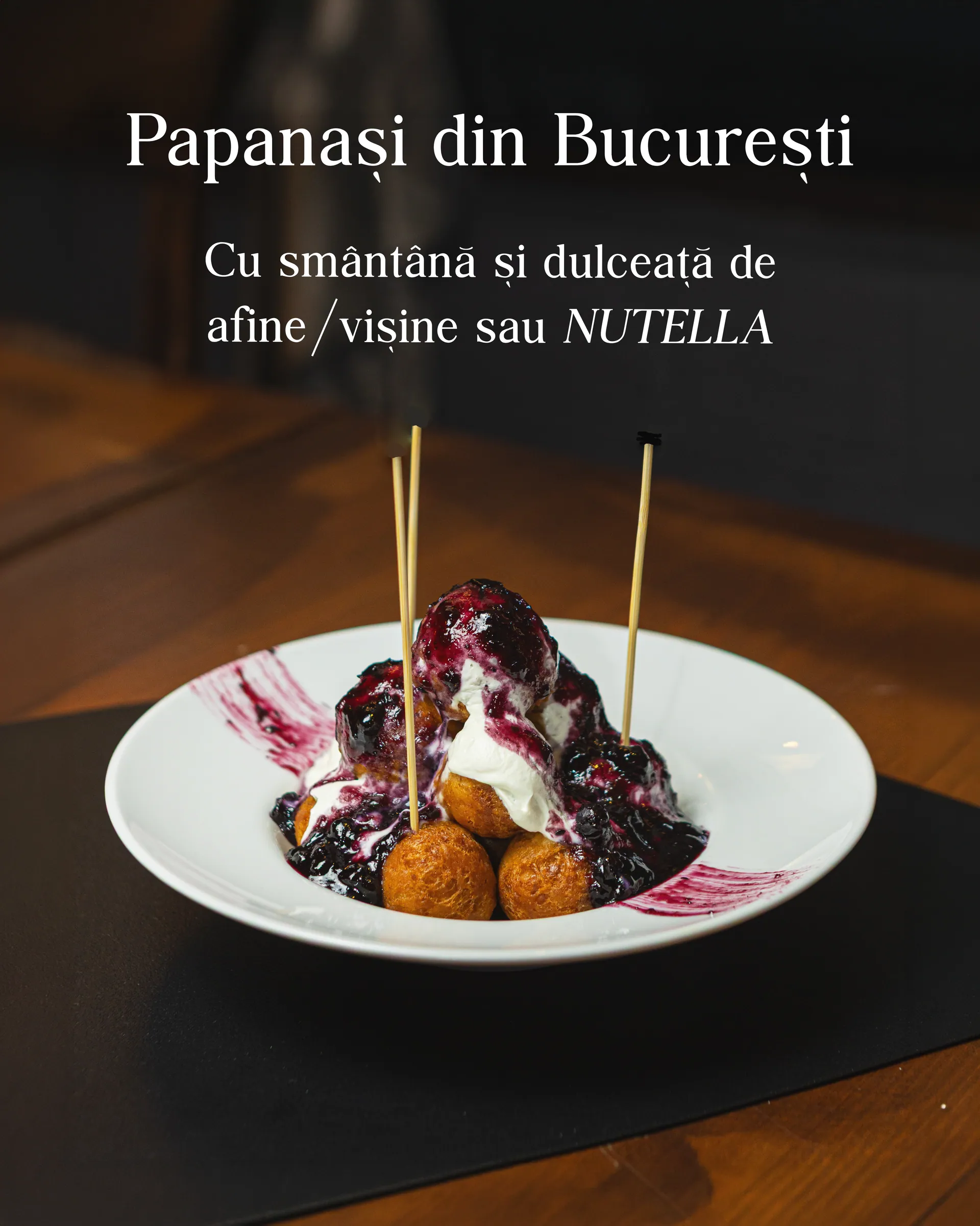 Card de meniu — papanași cu smântână și dulceață — E45 Restobar